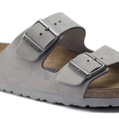 Women's Birkenstock Arizona Soft Footbed Nubuck Leather Sandal - Dove Gray -The Famous Shoe Store womens birkenstock arizona soft footbed 1020973 dove gray closeup 82277.1655995073