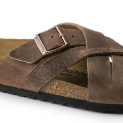 Women's Birkenstock Lungano Sandal - Camberra Old Tobacco -The Famous Shoe Store womens birkenstock lugano sandal 1015498 camberra old tobacco closeup 56184.1642531998