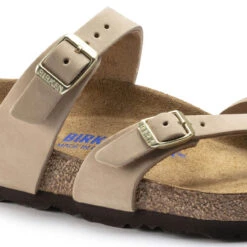 Women's Birkenstock Mayari Soft Footbed Nubuck Leather Sandal - Sandcastle -The Famous Shoe Store womens birkenstock mayari soft footbed sandal 1022212 SANDCSTL sandcastle closeup 19543.1655996224